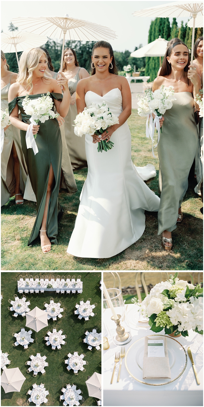 chic and sophisticated bride and bridesmaids walking with parasols and overhead drone photo of wedding reception tables