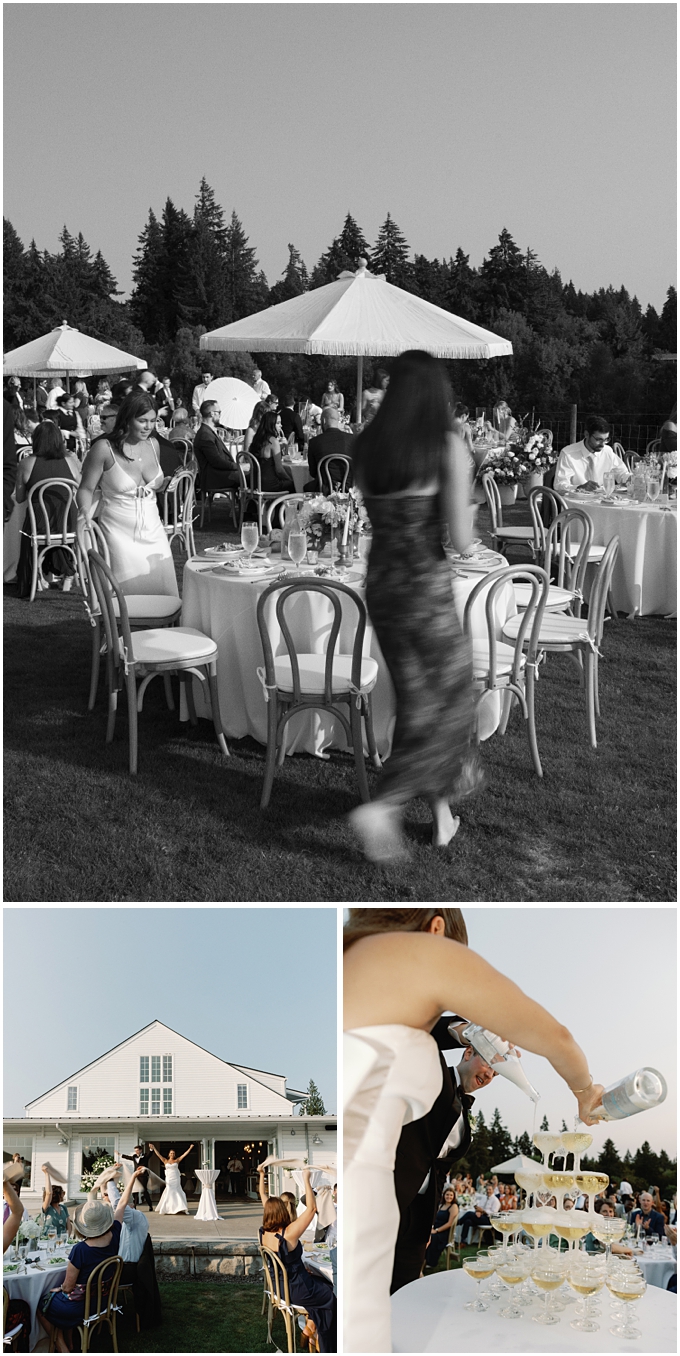 documentary style wedding reception photos including bride and groom grand entrance and champagne tower